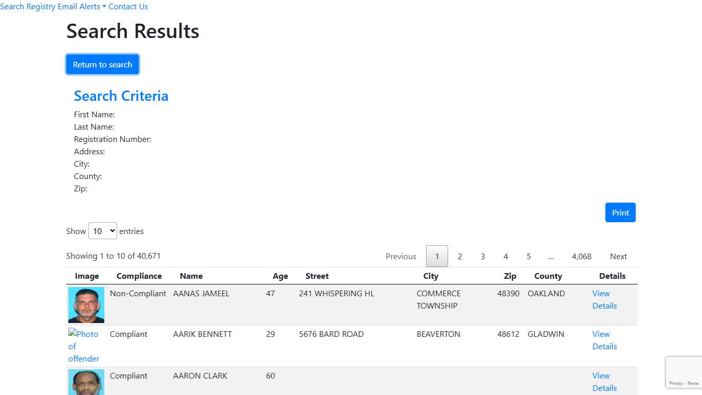 Search Results - Michigan Sex Offender Registry